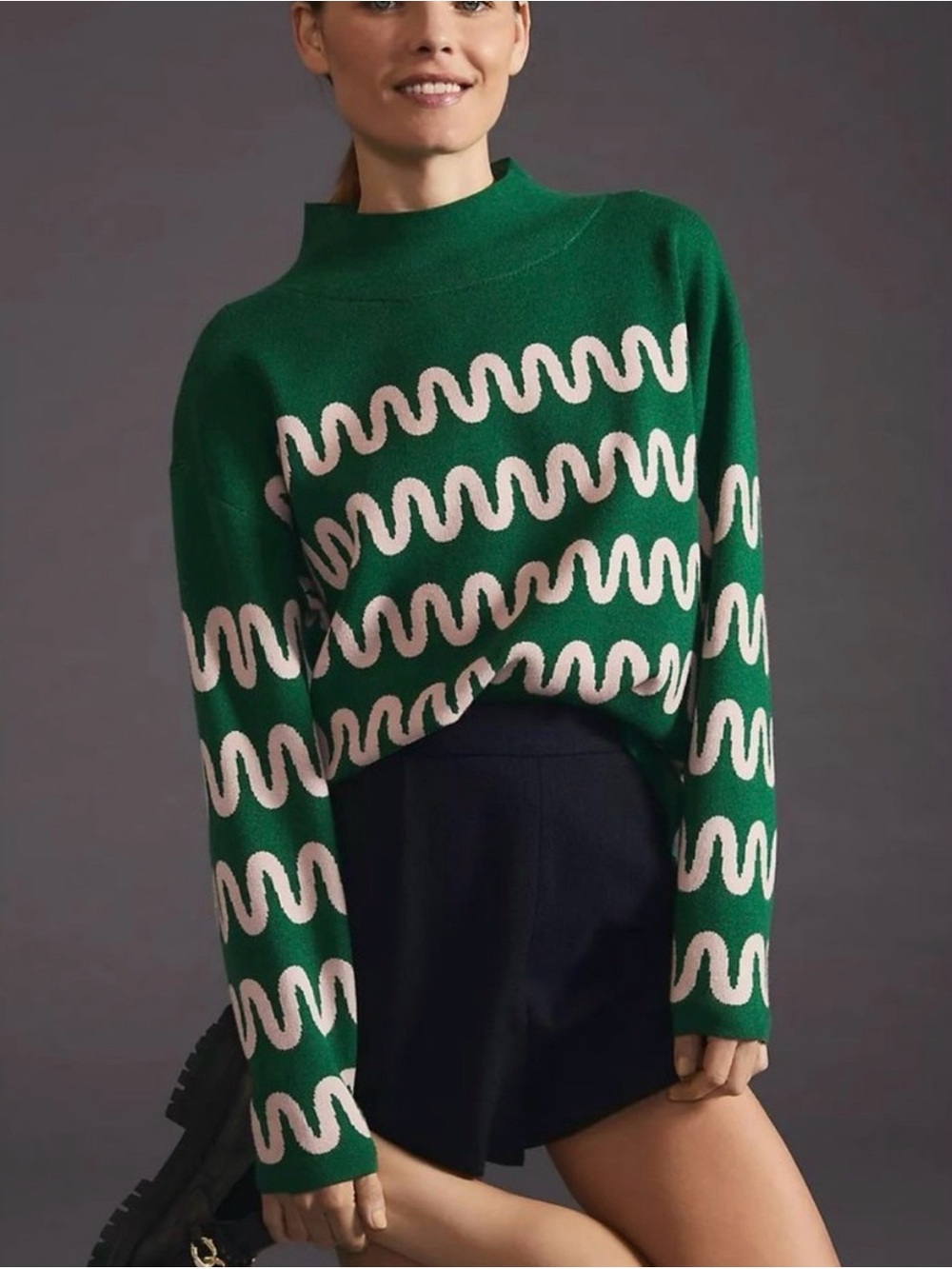 Anthropologie MAEVE CARYS Green Wave Pattern Mock Neck Sweater